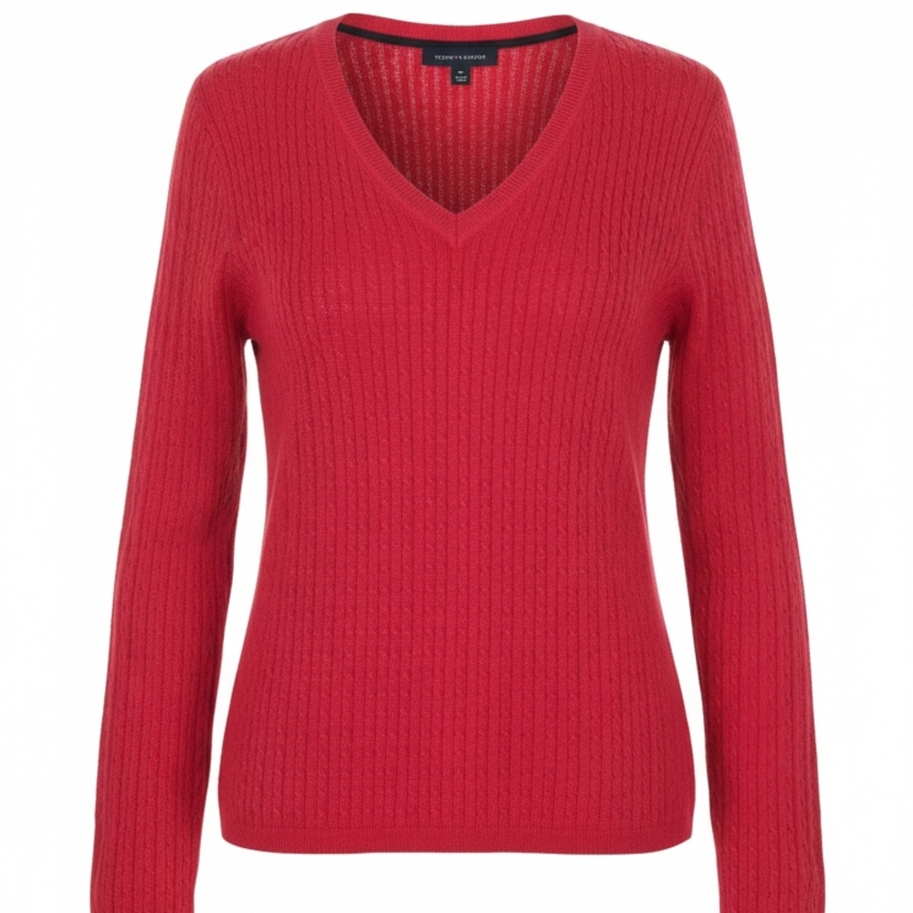 Tommy Hilfiger Red Cable Knit V-Neck Sweater Size Large